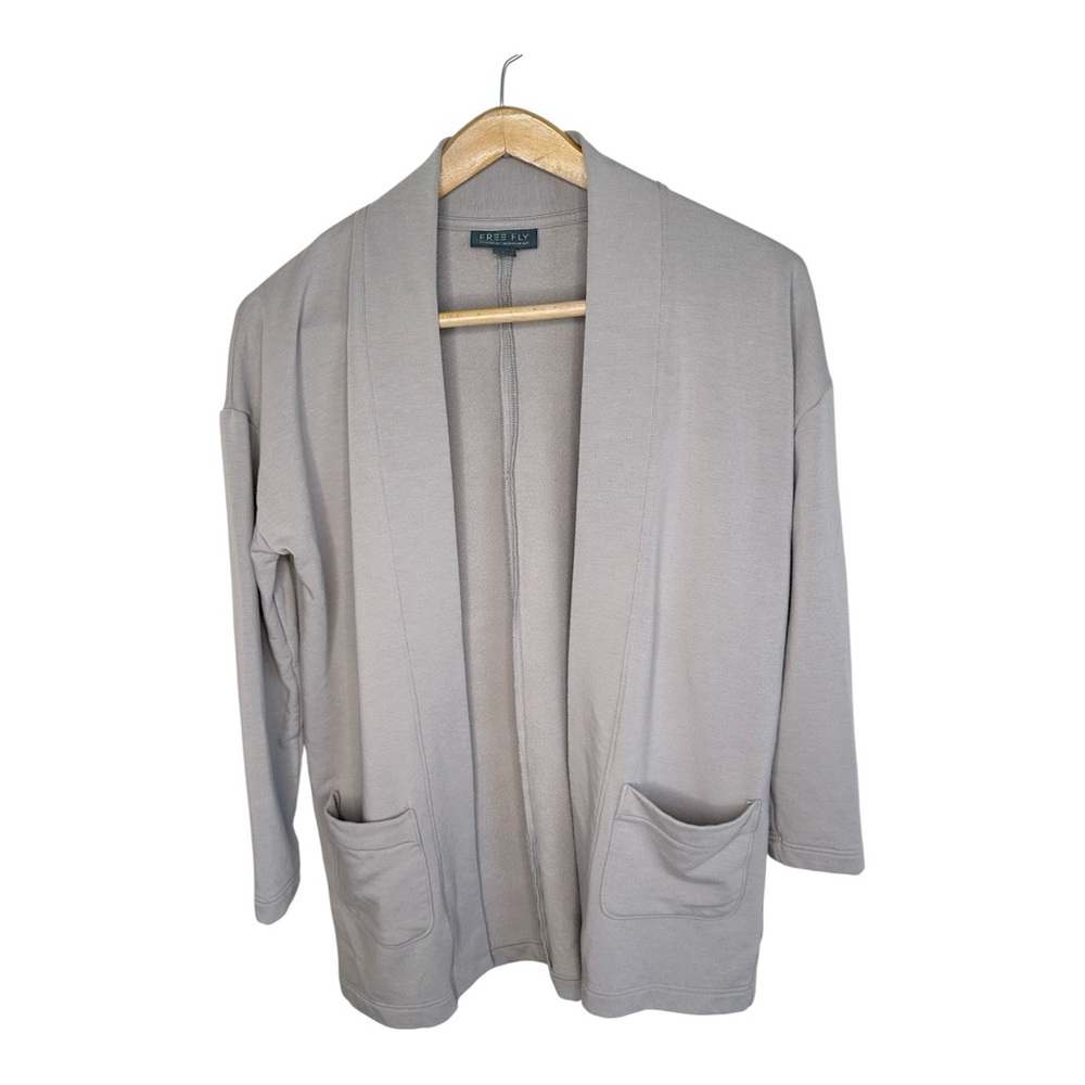 Free Fly Cardigan Bamboo Fleece Size Large Open Front Light Taupe Pockets Soft